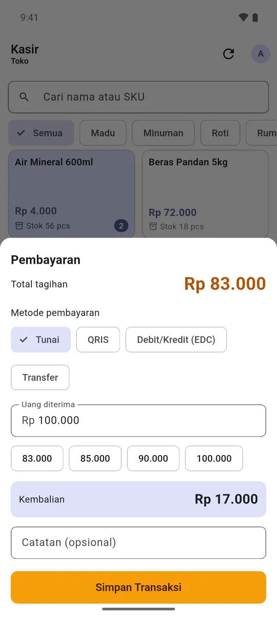 Payment screen showing the change